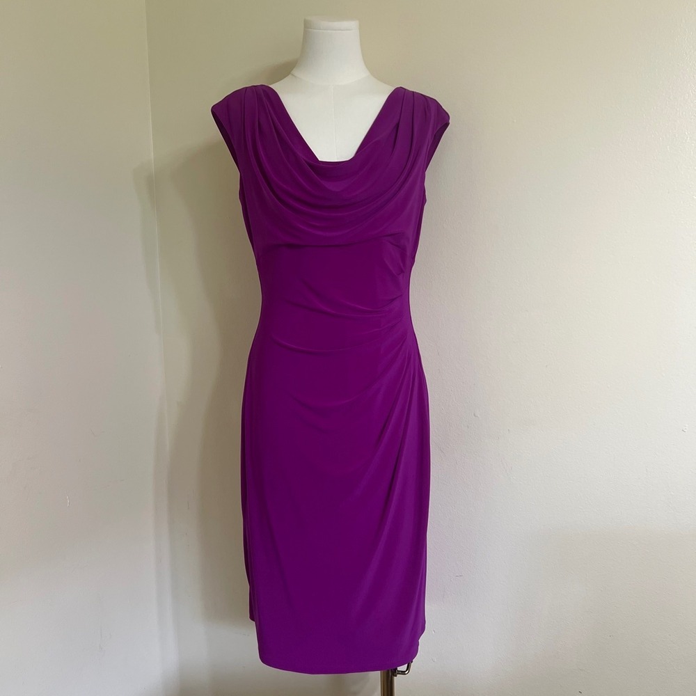 Lauren Ralph Lauren Purple Cowl Neck Ruched Sheath Dress Womens Cocktail Formal - Picture 2 of 8